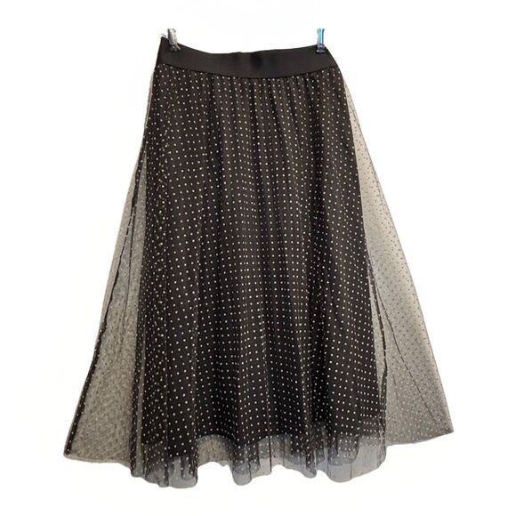Polka Dot Mesh Overlay Tulle Midi Skirt A Line Sz S/M Black White - Picture 7 of 9